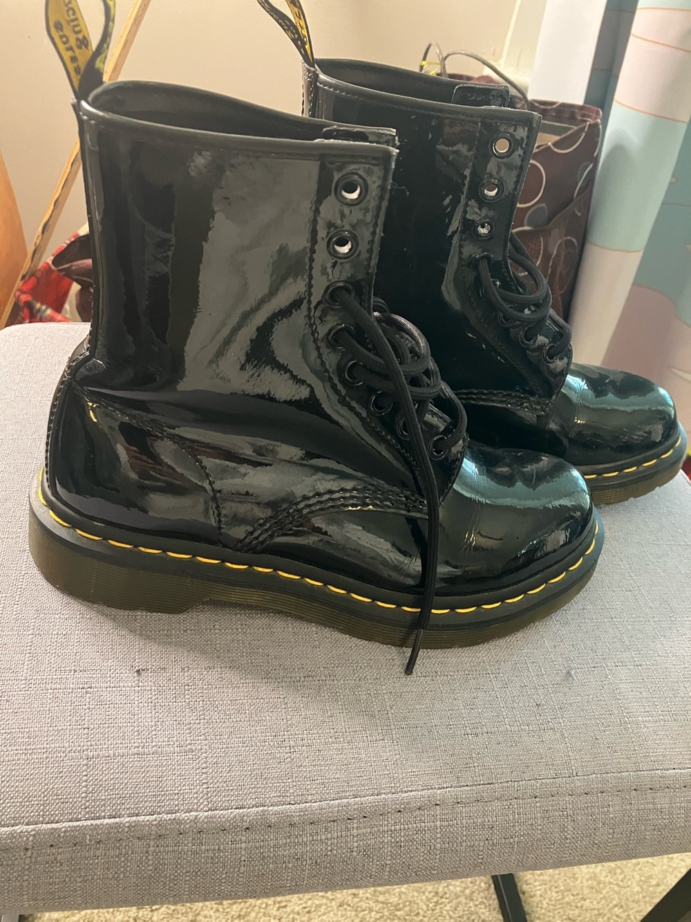 Dr. Martens Black Patent Lace-Up Ankle Boots with Yellow Stitching
